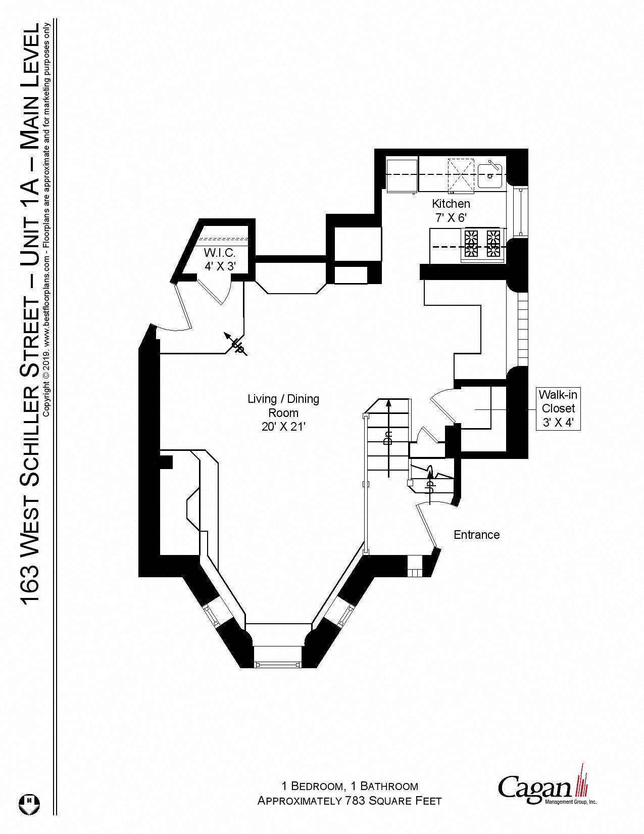 Floor plan for 1 bed, 1 bath, 688 sqft